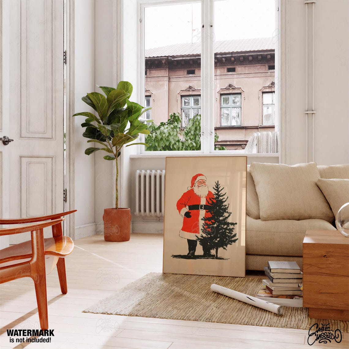 Vintage Santa Claus with Christmas Tree Retro Holiday Poster - Image 3