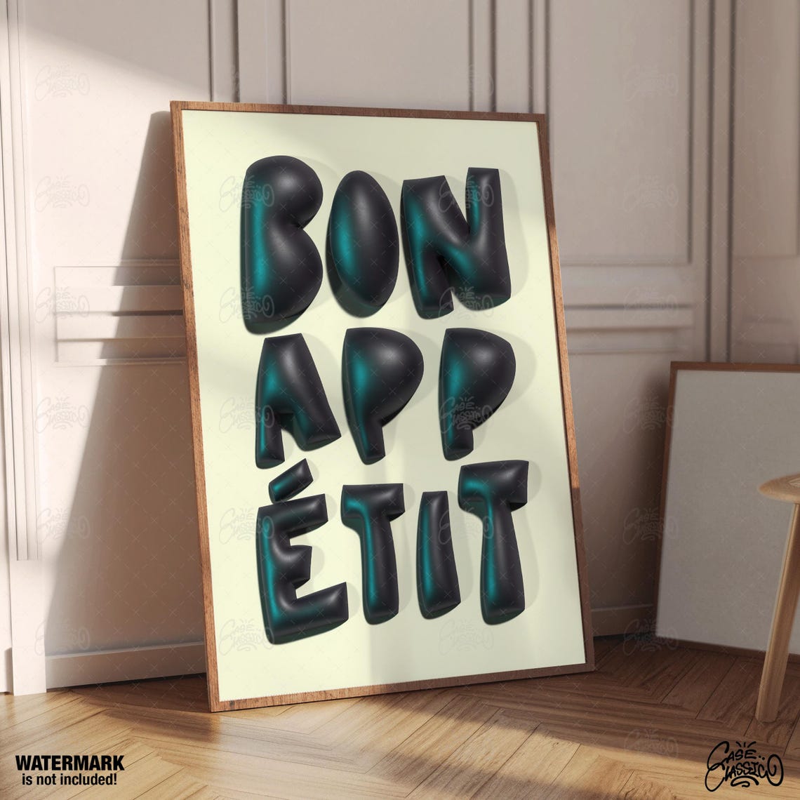 Bon Appetit 3D Balloon Letter Black Teal Kitchen Quote Poster