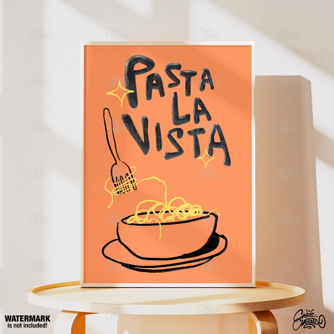 Pasta La Vista Poster With Hand Drawn Spaghetti Bowl on Vibrant Orange