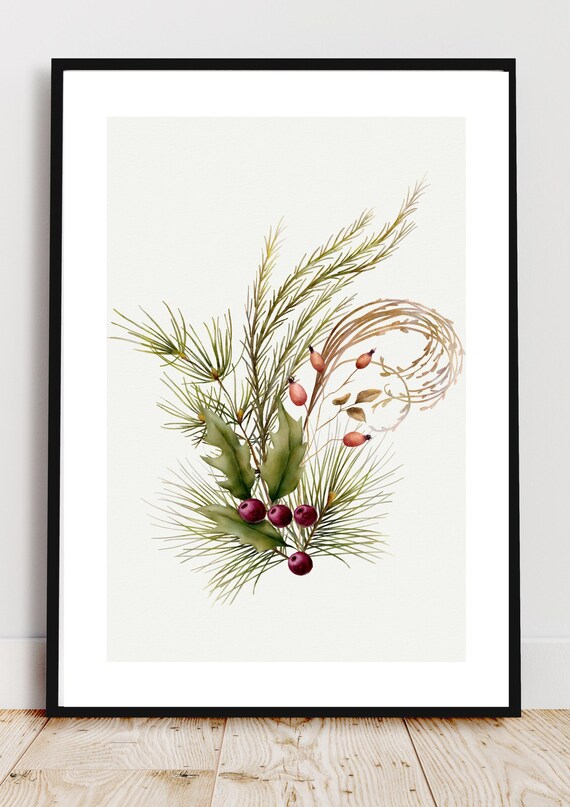 Christmas Floral Watercolor Berries And Greenery Holiday Print