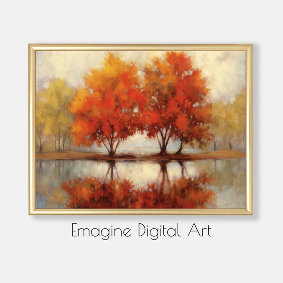 Art Oak Trees Autumn Landscape Painting Fall Leaves Wall Decor To Instantly Print And Frame Ls102