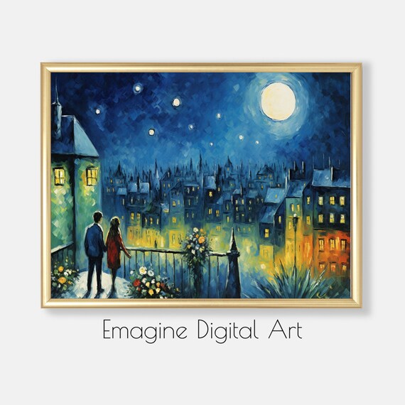 Moonlit Rooftop Couple Starry City Night Romantic Painting Poster