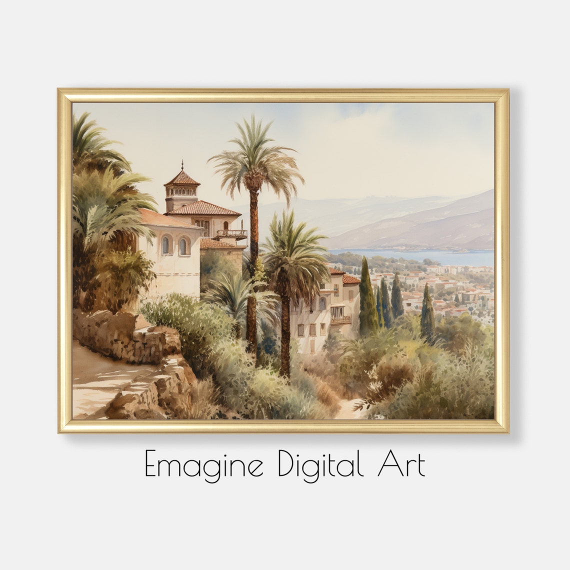 Spanish Villa Palm Trees Mediterranean Coastal Watercolor Art Poster