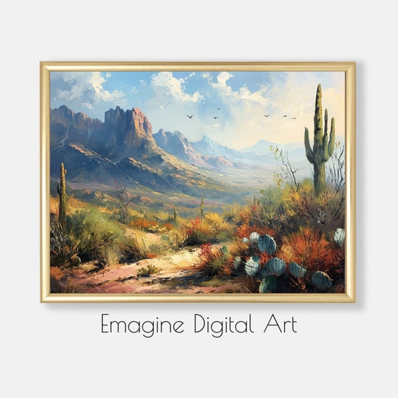 Art Desert Landscape And Saguaro Painting Southwest Wall Decor To Instant Print Frame Sw22