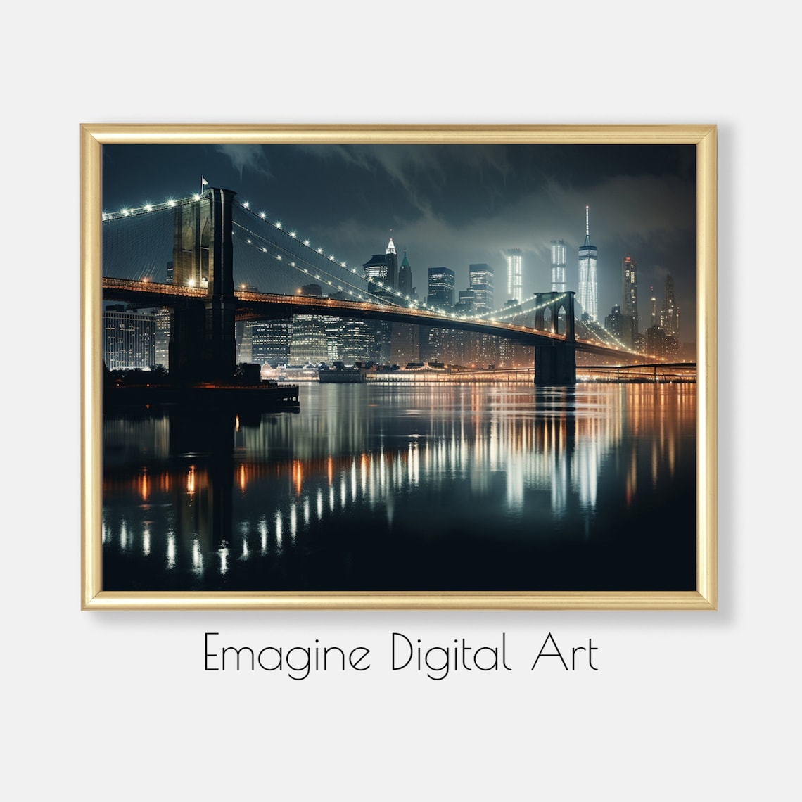 Brooklyn Bridge New York City Night Skyline Reflection Photo Poster