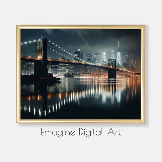 Art Brooklyn Bridge And New York City Skyline At Night Photo To Instantly Print Frame Pl26