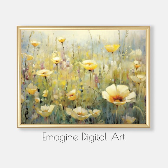 Dreamy Yellow Poppies Summer Wildflower Meadow Painting Floral Wall Art