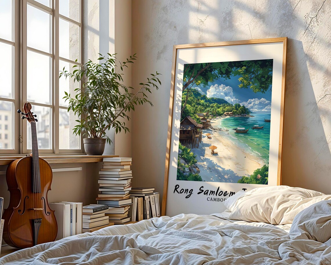 Rong Samloem Island Cambodia Tropical Beach Bungalows Travel Poster - Image 3