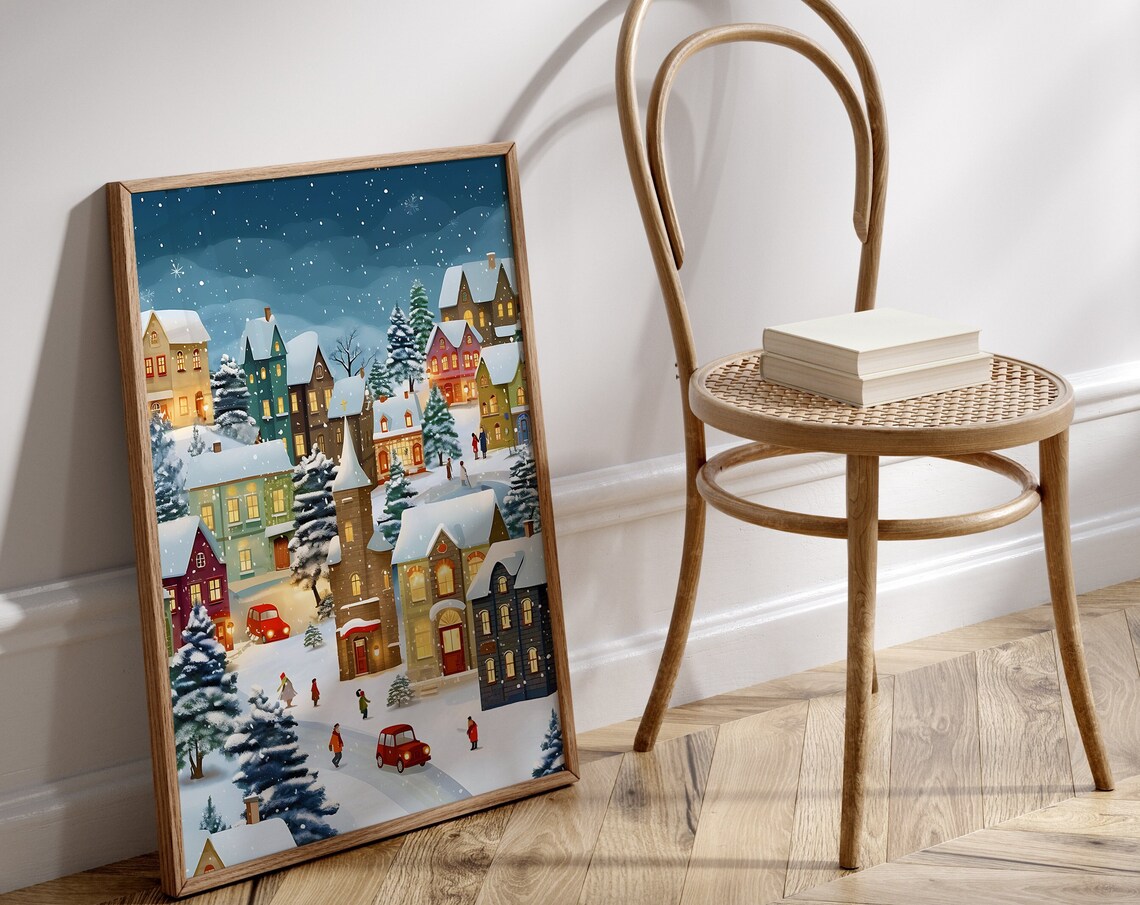 Snowy Winter Village Christmas Night Cozy Town Scene Wall Art - Image 3