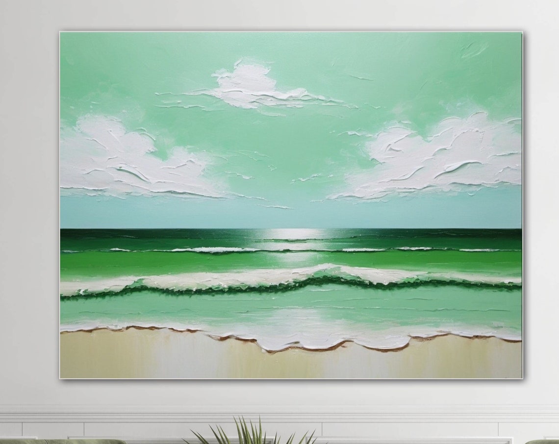 Mint Green Beach Seascape With White Clouds Wide Panoramic Poster