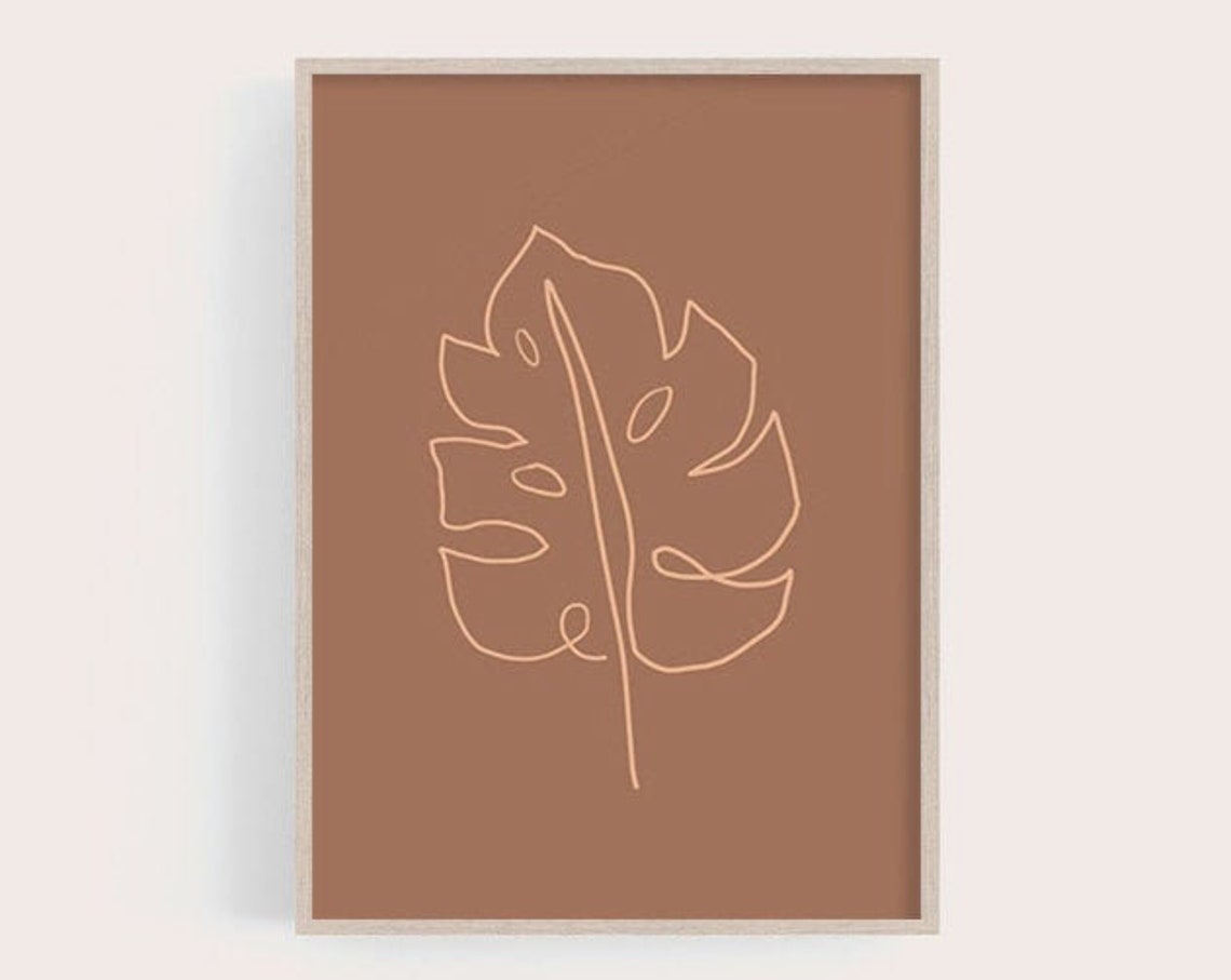 Terracotta Monstera Leaf Line Art Minimal Botanical Wall Poster