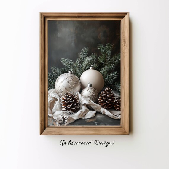 Christmas Ornaments Pinecones Vintage Holiday Still Life Print