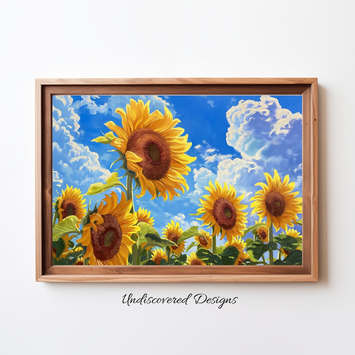 Vibrant Sunflower Field Reaching for a Bright Blue Sky Poster