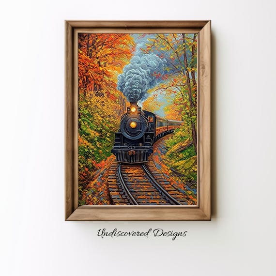 Steam Train In Forest Art Printout Wall Vintage Prints Print Oil Painting