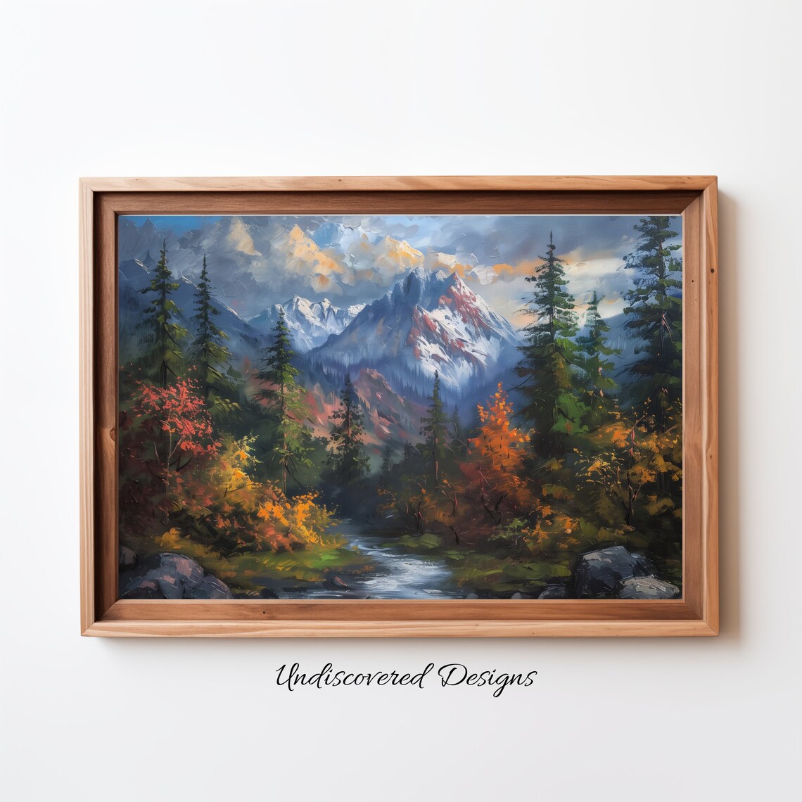 Snowcapped Rocky Mountain Stream In Autumn Forest Oil Painting Poster