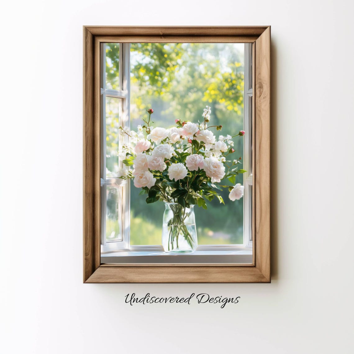 White Peony Bouquet Sunlit Windowsill Vase Vintage Floral Art Print