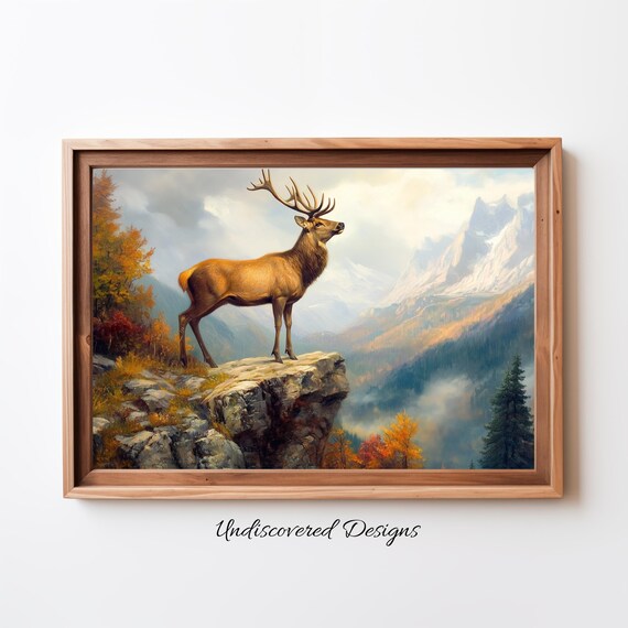 Majestic Deer On Cliff Art Printout Wall Vintage Prints Print Oil Painting
