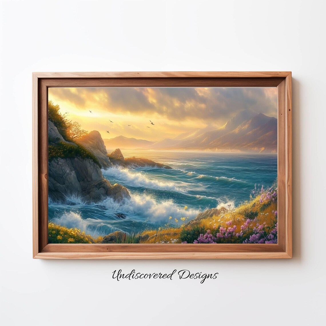 Golden Sunset Over Rugged Rocky Coastline Seascape Oil Painting Poster