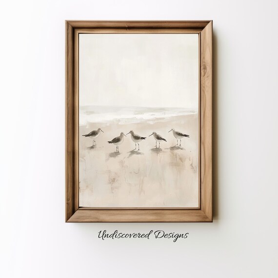Sandpipers on Beach Five Birds Vintage Coastal Muted Art Poster