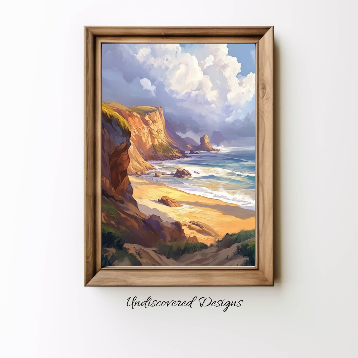 Golden Cliffs Beach Vintage Coastal Landscape Oil Painting Print