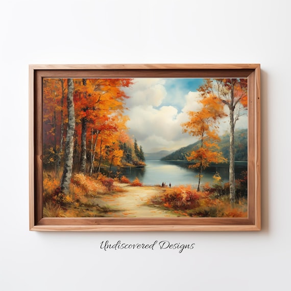 Autumn Lake with Golden Orange Foliage Vintage Oil Painting Poster