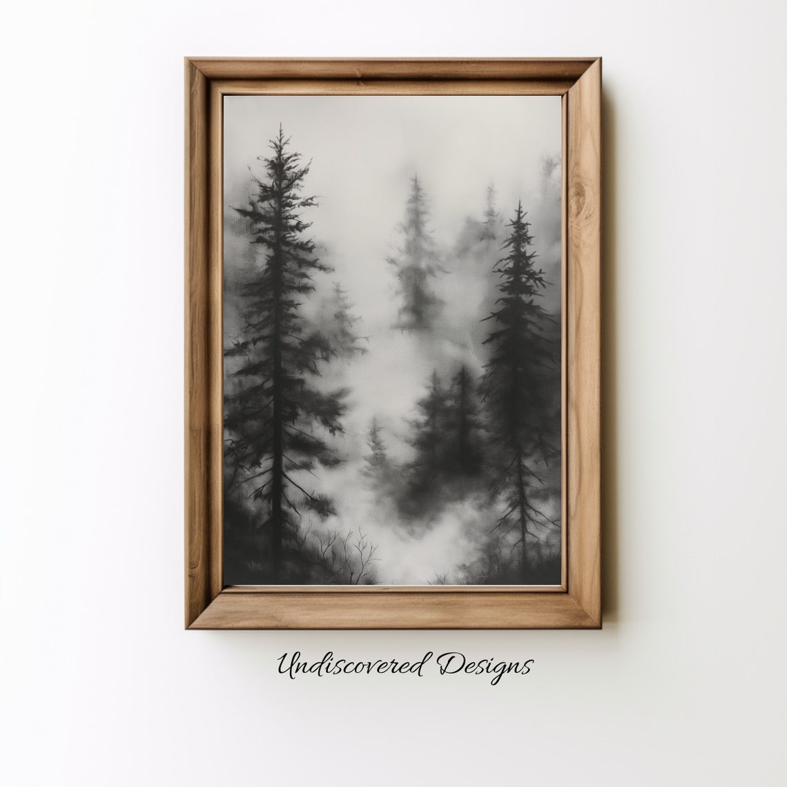 Foggy Pine Forest in White Mist Black and White Charcoal Trees Poster