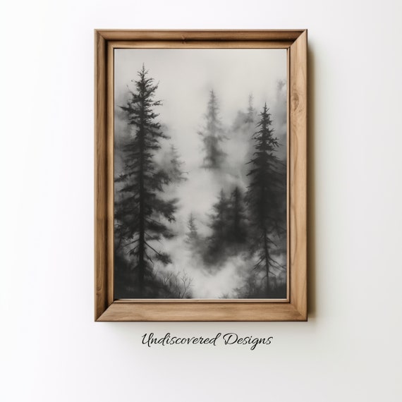 Mystical Forest Fog Art Print Vintage Charcoal Drawing