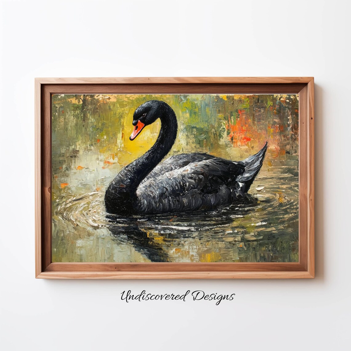Regal Black Swan Gliding Across a Golden Pond Oil Painting Art Print