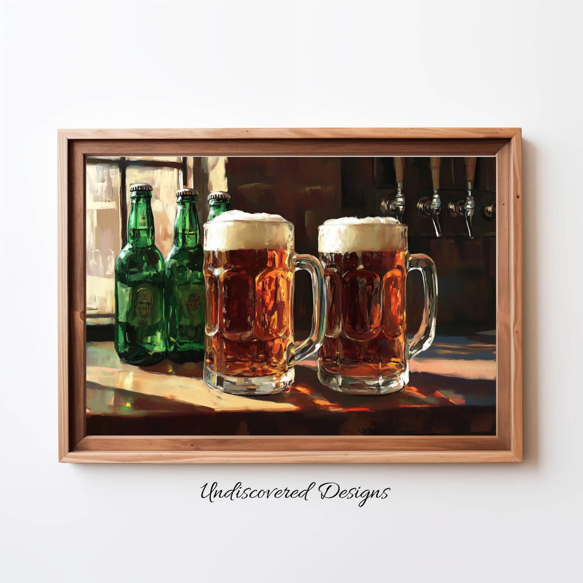 Two Frosty Beer Mugs And Bottles Man Cave Bar Pub Oil Painting Poster