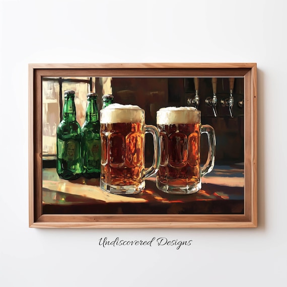 Two Frosty Beer Mugs And Bottles Man Cave Bar Pub Oil Painting Poster