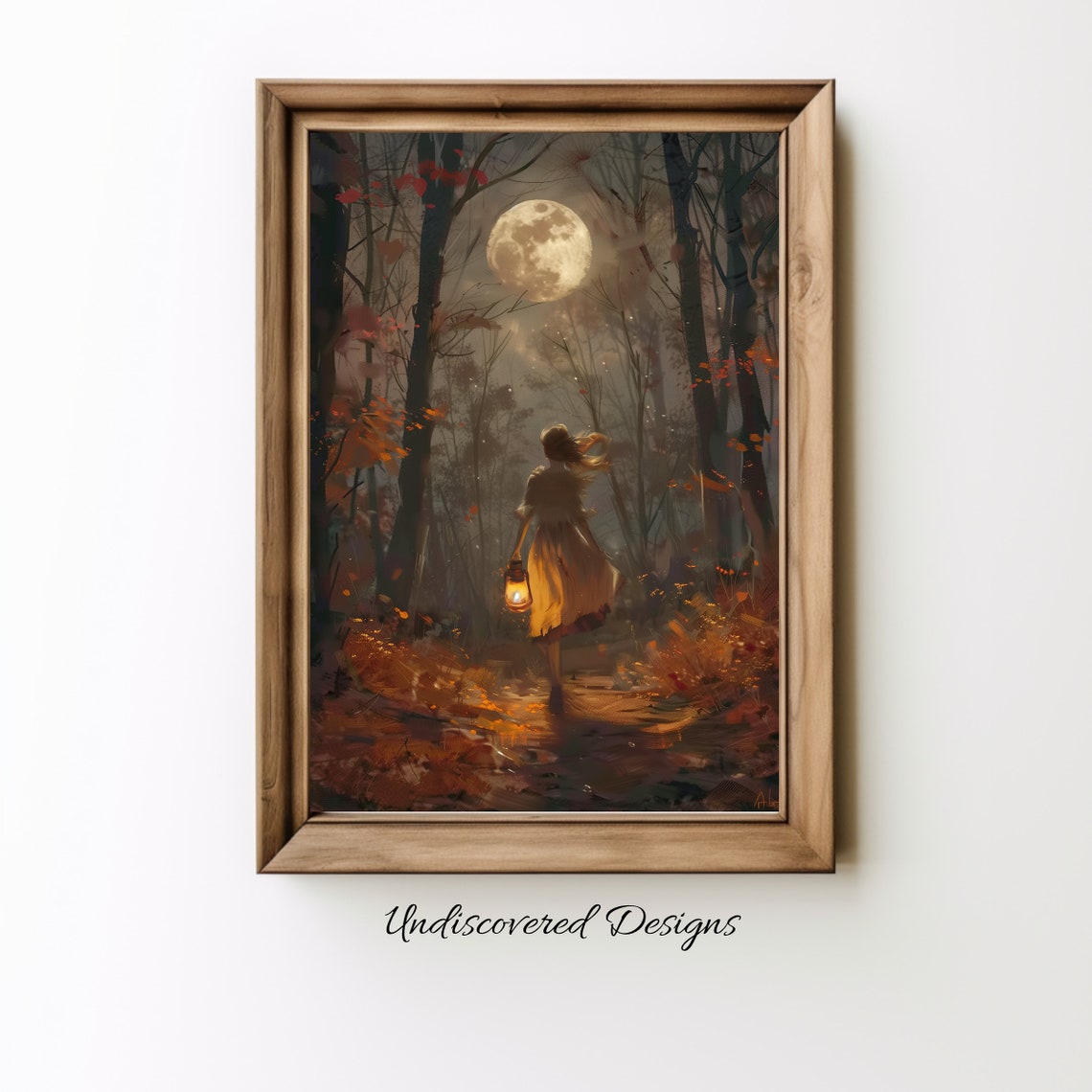 Girl with Lantern Moonlit Autumn Forest Night Fantasy Art Poster