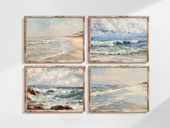 Set Of 4 Vintage Beach Seascapes Shoreline Scenes Coastal Wall Art
