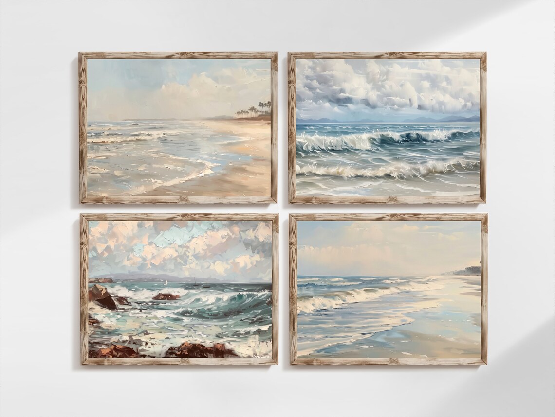 Set Of 4 Vintage Beach Seascapes Shoreline Scenes Coastal Wall Art
