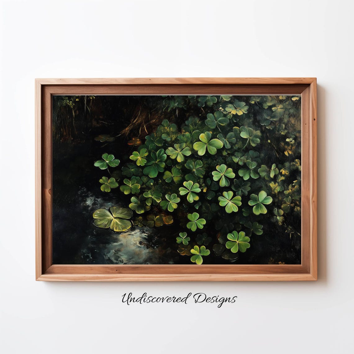 Green Shamrocks Emerging From Dark Shadows Moody Irish Art Print