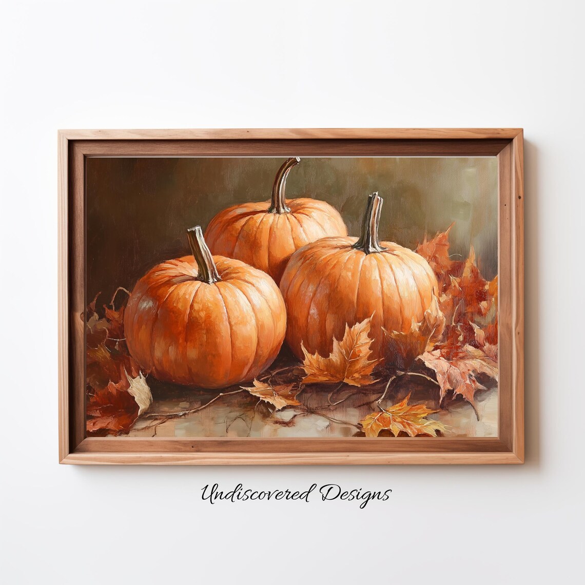 Vintage Pumpkins and Fall Leaves Still Life Oil Painting Wall Art