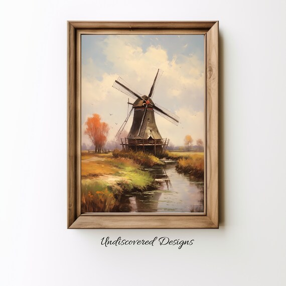 Autumn Windmill By The Canal With Orange Trees Vintage Landscape Wall Art