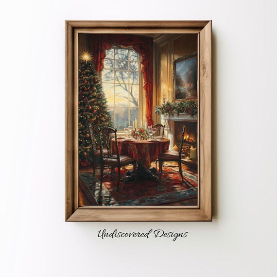 Vintage Christmas Dining Room Oil Painting Fireplace Table Poster