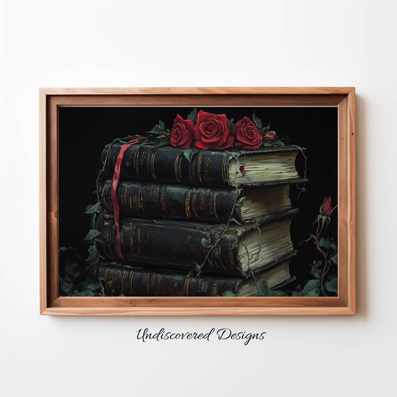 Red Roses on Vintage Books Poster Dark Romantic Floral Still Life