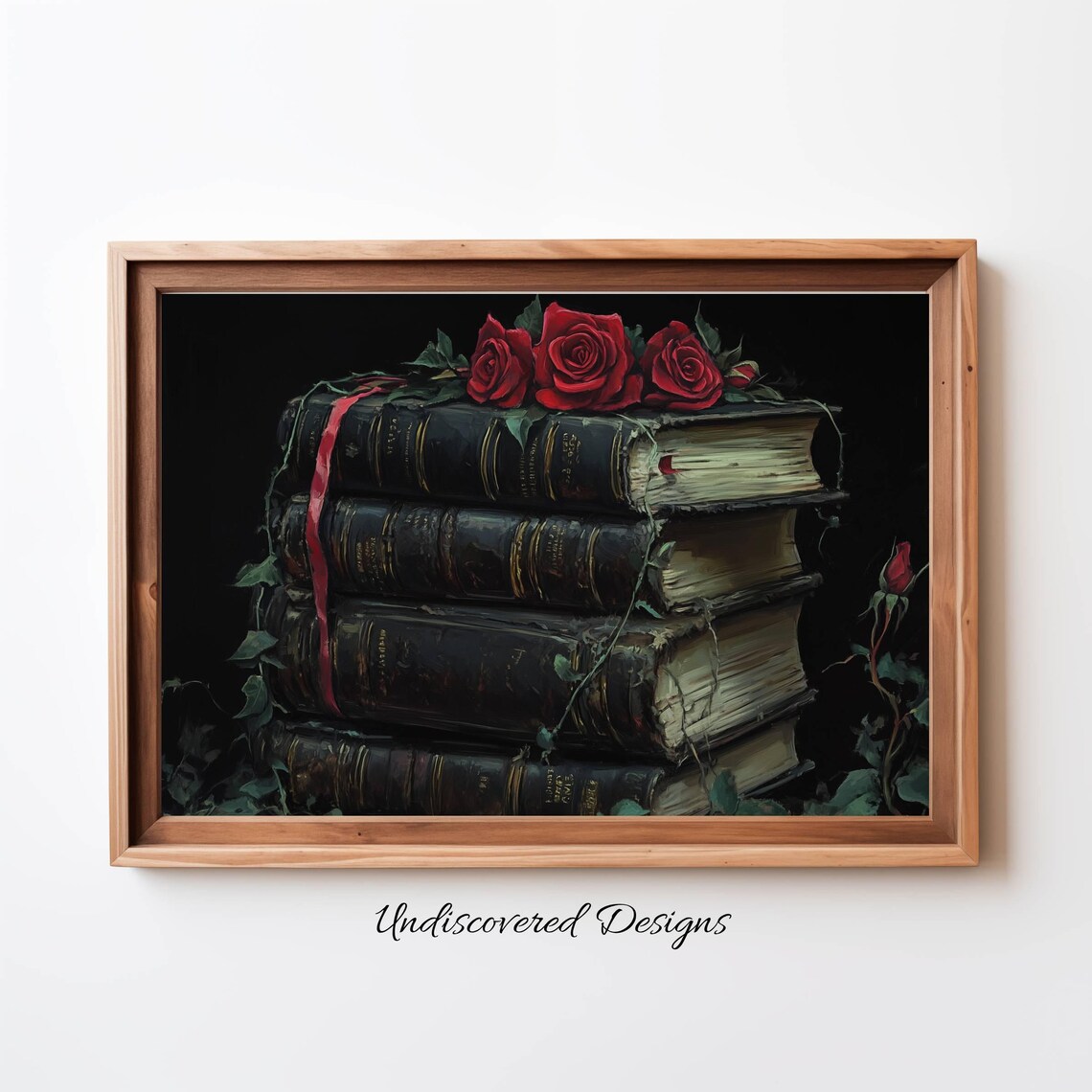 Red Roses on Vintage Books Poster Dark Romantic Floral Still Life