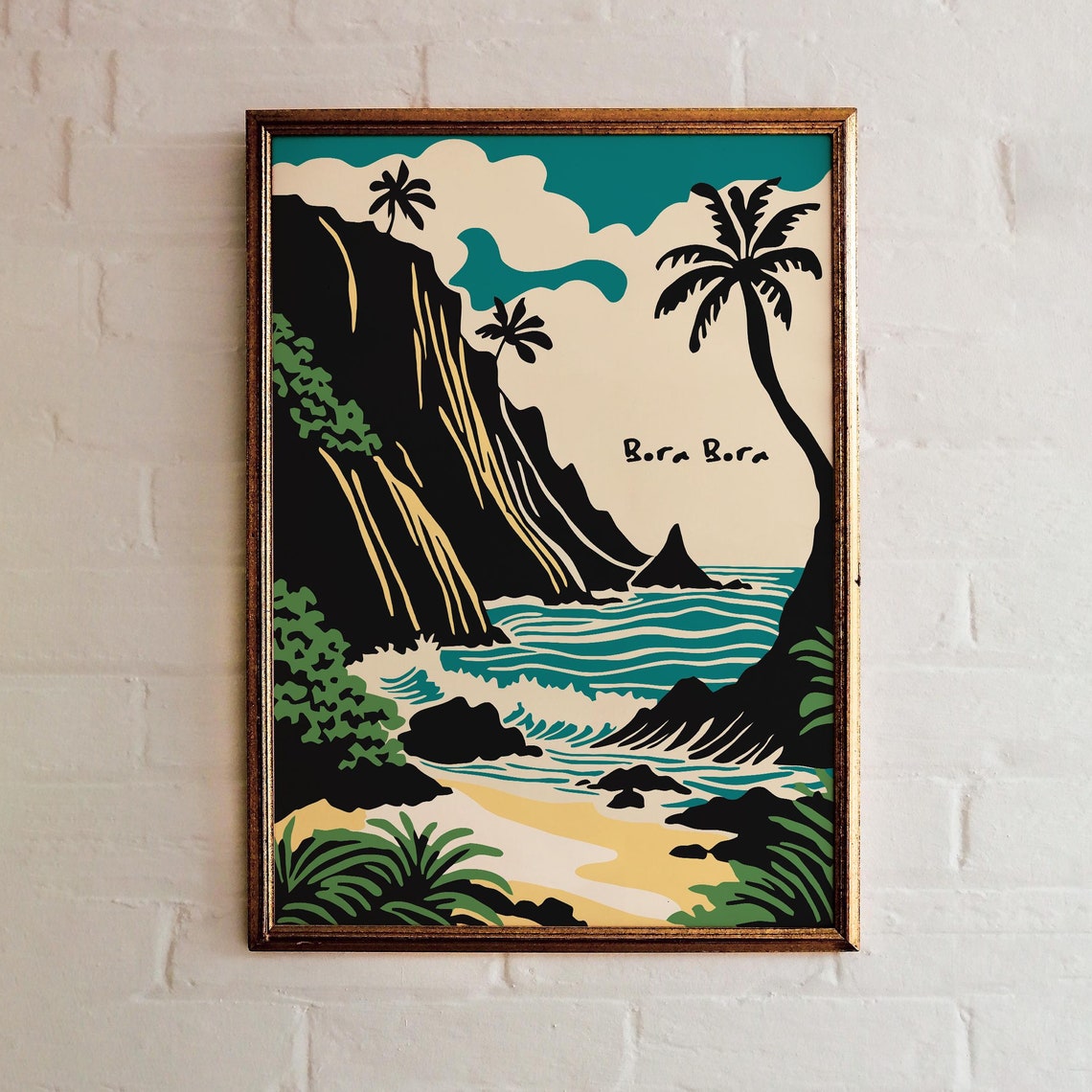 Bora Bora Tropical Island Cliffs Turquoise Waves Retro Travel Poster