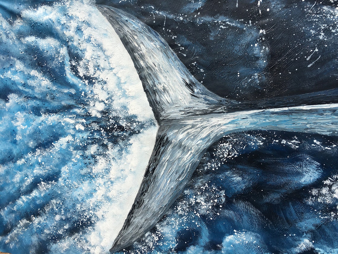 Deep Blue Whale Tail Splash Impasto Ocean Oil Painting Poster - Image 2