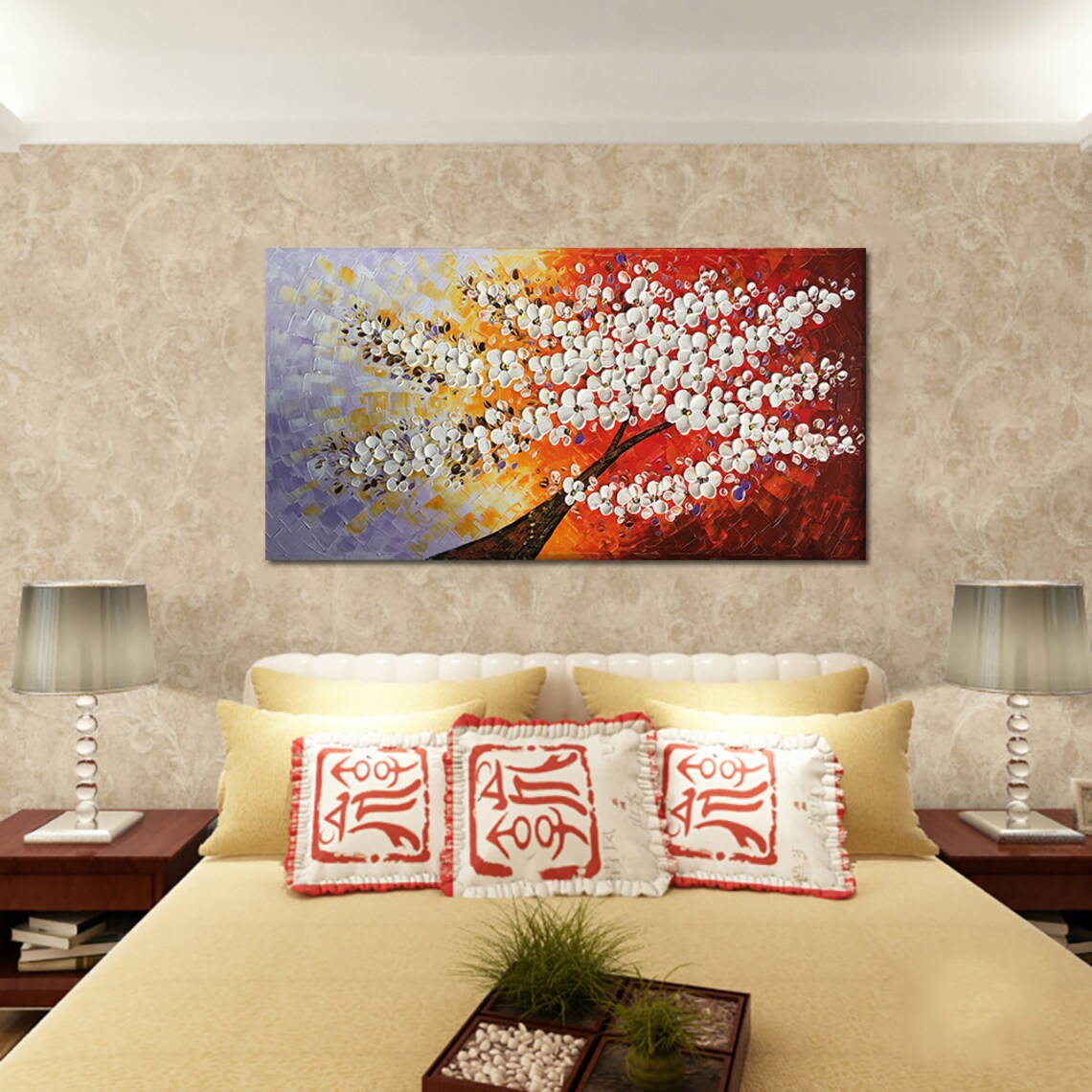 Abstract White Flower Oil Painting White Cherry Blossom Painting On Brown Wall Art Pallette Knife Painting Living Room Wall Decor Art - Image 3