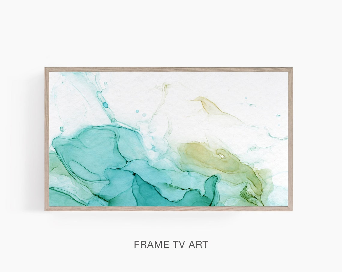 Teal Green White Abstract Watercolor Wash Modern Frame TV Art Print
