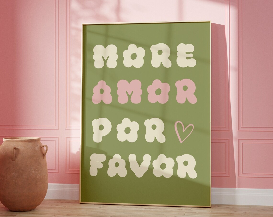 More Amor Por Favor Sage Green Retro Bubble Letter Love Wall Poster