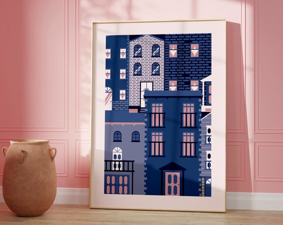 Cute Apartment Decor Blue Buildings Wall Art Fun Living Room Wall Decor Trendy Preppy Prints Girly Aesthetic Dorm Decor