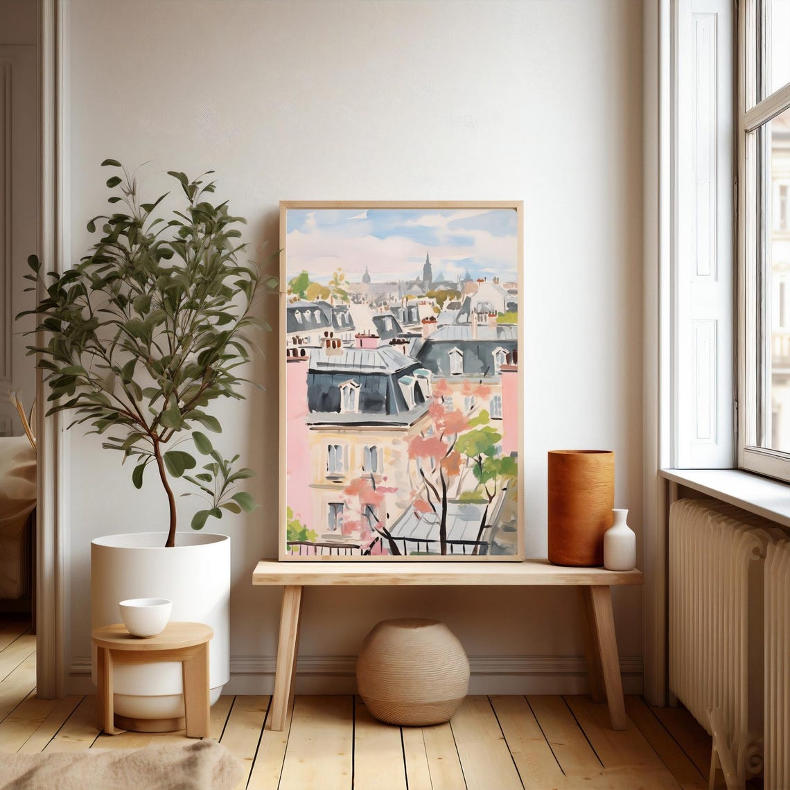 Parisian Rooftops Watercolor Poster with Distant Church Spire View - Image 2