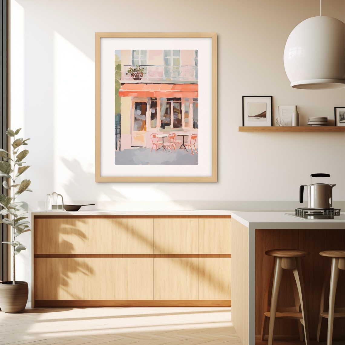 Parisian Cafe with Coral Awning and Bistro Chairs Watercolor Poster - Image 3