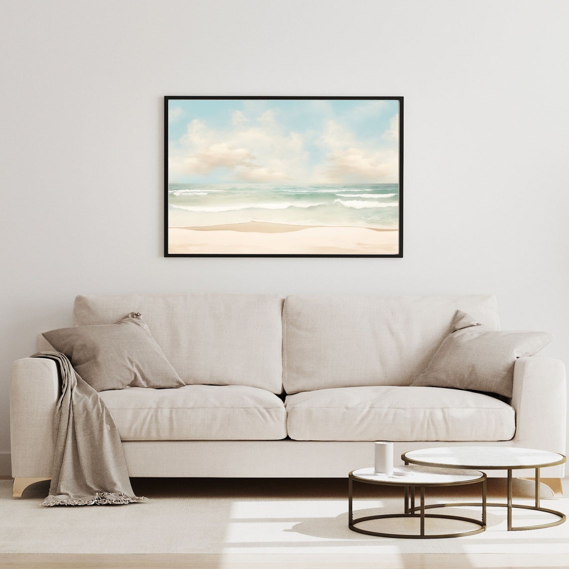 Serene Ocean Waves Under Soft Clouds Pastel Coastal Art Poster - Image 2