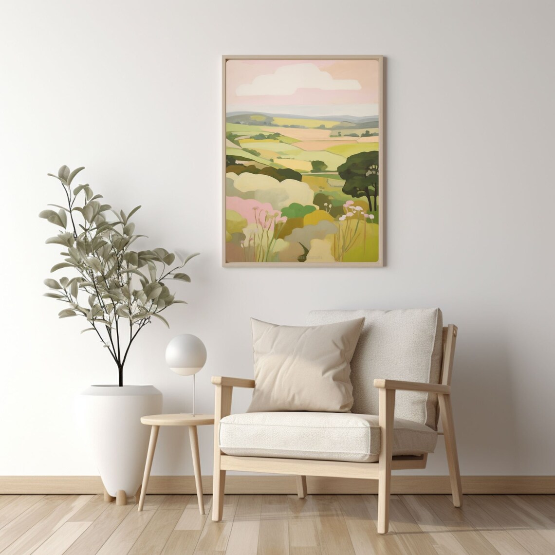 Pastel Green Fields and Blush Hills Country Landscape Poster - Image 2