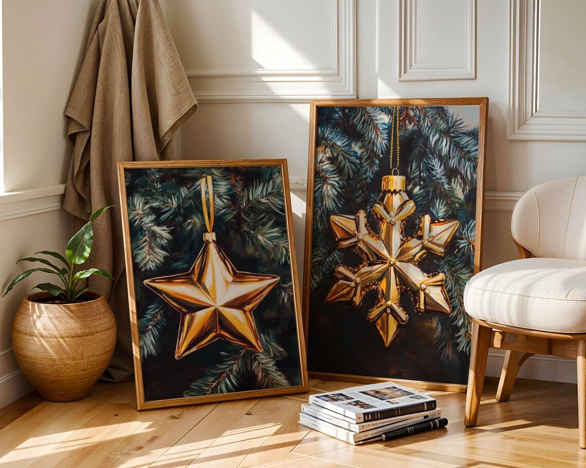 Gold Ornament Art Print Set, Christmas Wall Decor